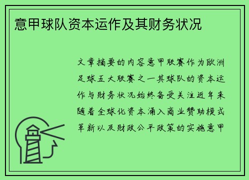 意甲球队资本运作及其财务状况